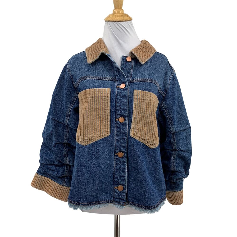 Democracy Jacket Womens M Medium Denim Jean Ruched Sleeve Corduroy Trim Raw Hem